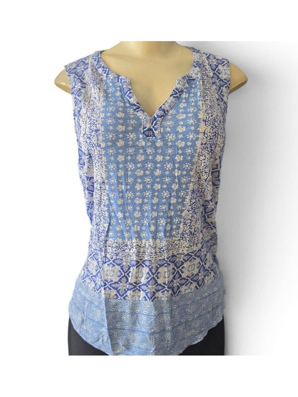 Lucky Brand Blue White Boho Bandana Print Sleeveless Split Neck Top Large